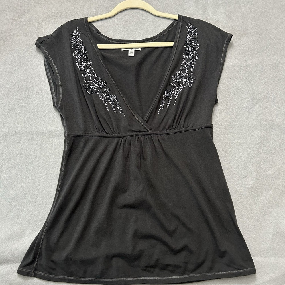 Y2K Babydoll Top Tee Boho American Eagle Vintage V-Neck Medium Vintage Gray